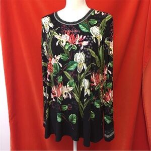 Johnny Was knit tunic top mixed floral on black size xl